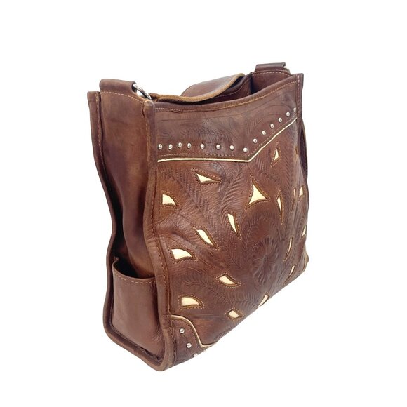 Handcrafted Brown White  Hand Tooled Leather Shoulder Bag Vintage - Picture 6 of 14